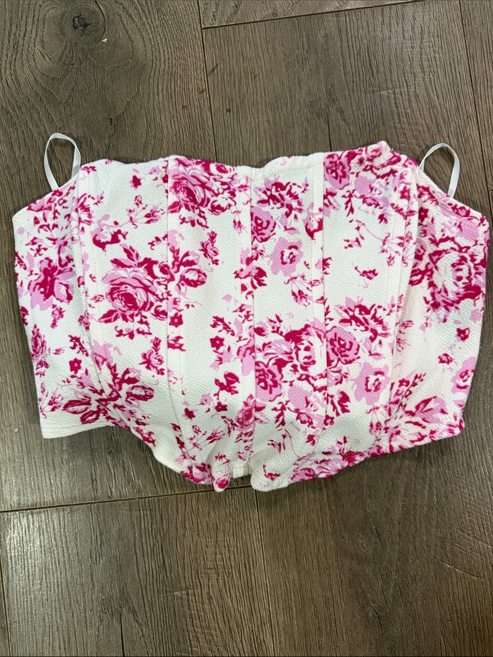 SHEIN White and Pink Floral Corset-Style Crop Top